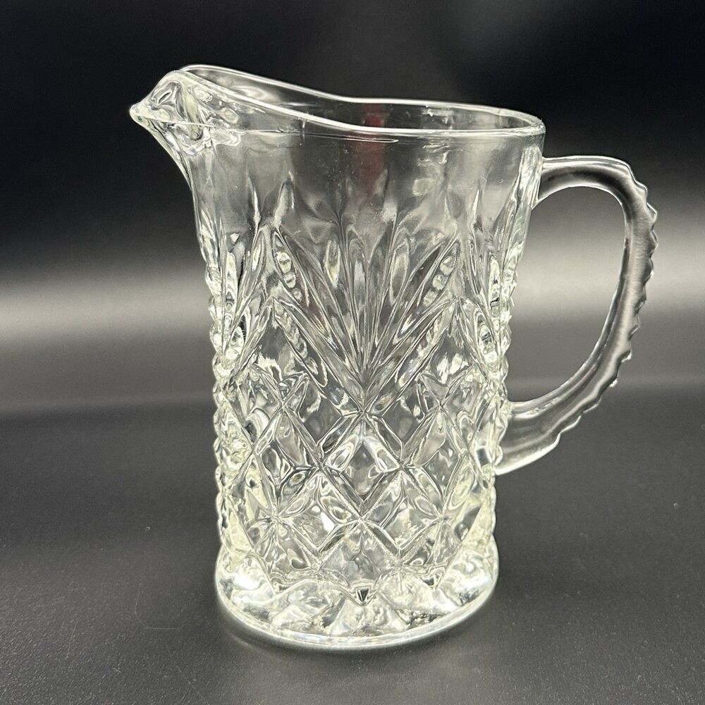 Vintage Clear Pressed Glass Creamer Pitcher Diamond Starburst Pattern Farmhouse